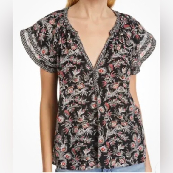 Joie Laurina Floral Red White Red Flutter Short Sleeve Top V-Neck Shirt Small - Picture 16 of 16